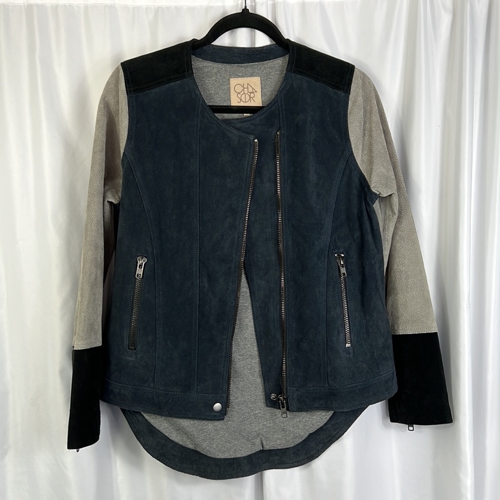 Chaser Moto Jacket Womens Medium Genuine Suede Color Block Collarless Full Zip - Picture 11 of 11